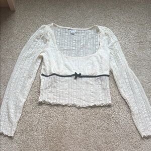 Kimchi Blue Cream Sheer Lace Long Sleeve Top with Black Bow